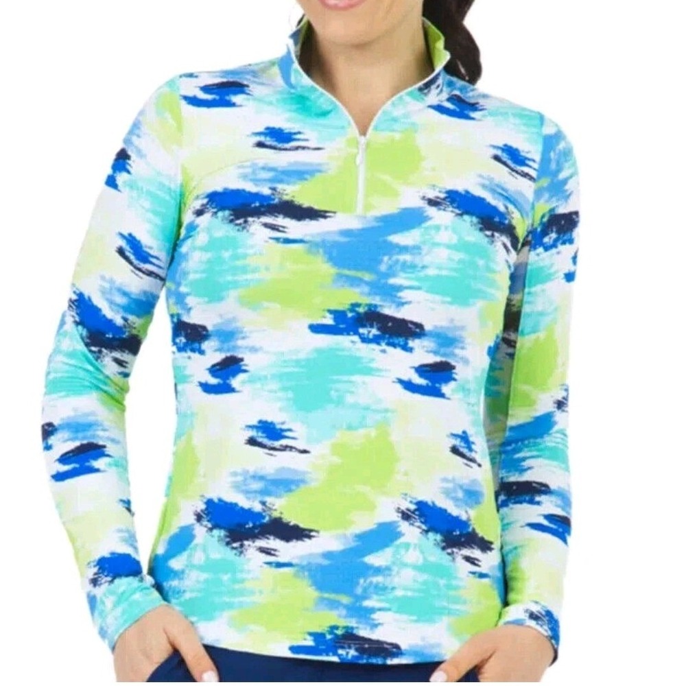 IBKUL Matilda Mock Zipper Neck Large Blue Jade Multi Long Sleeve UPF 50 Top Golf